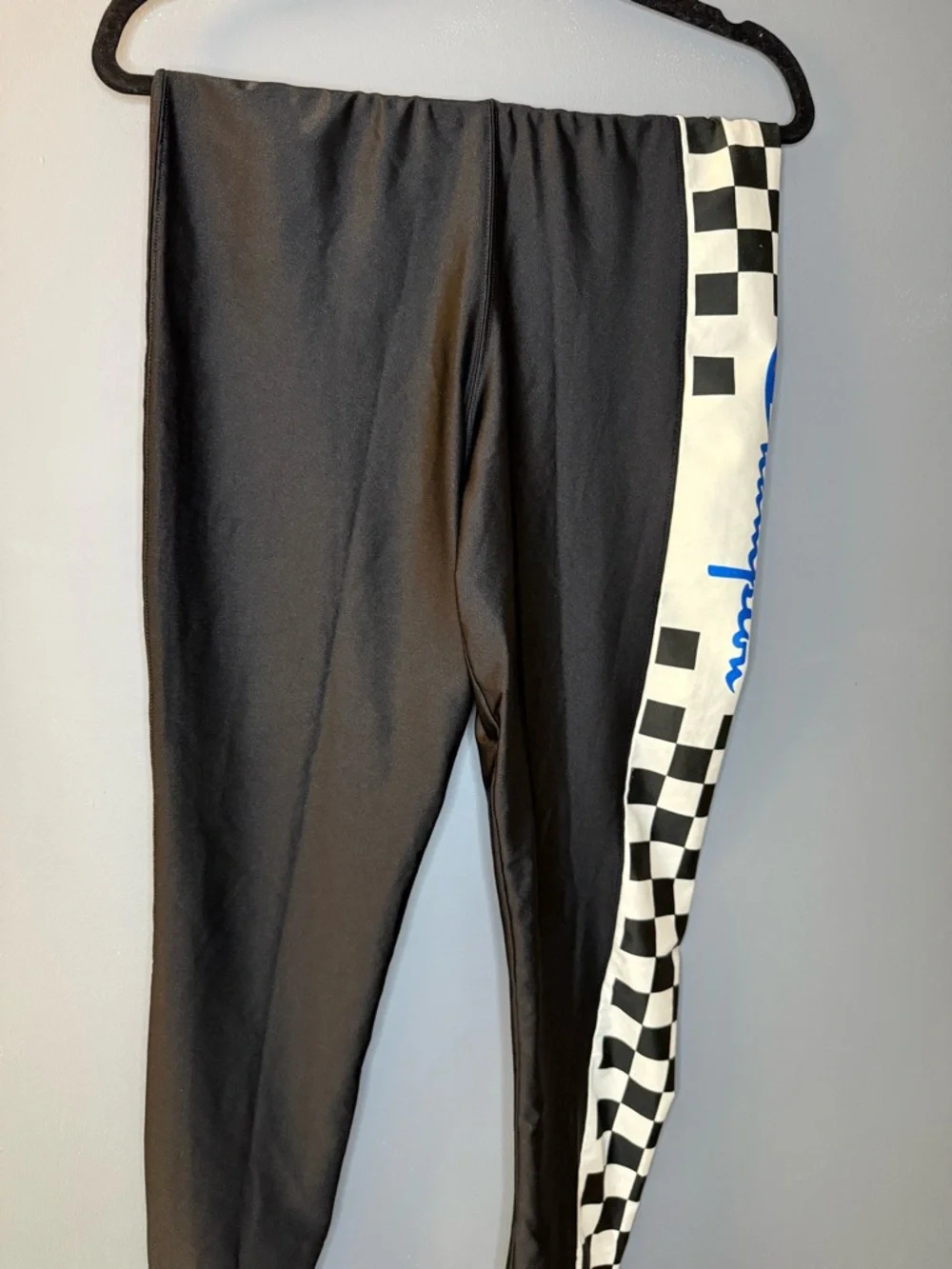 Champion Black Leggings with Checkerboard Side Panel and Blue Script - Picture 3 of 4